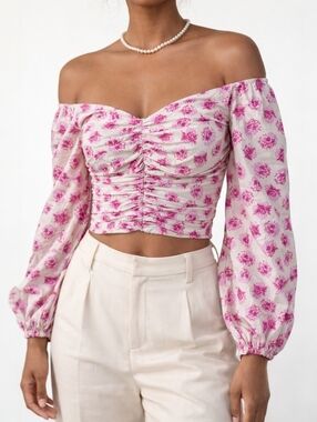 Zara Floral Off Shoulder Crop Top Women's XS Ruched Puff Sleeve Coquette Bardot